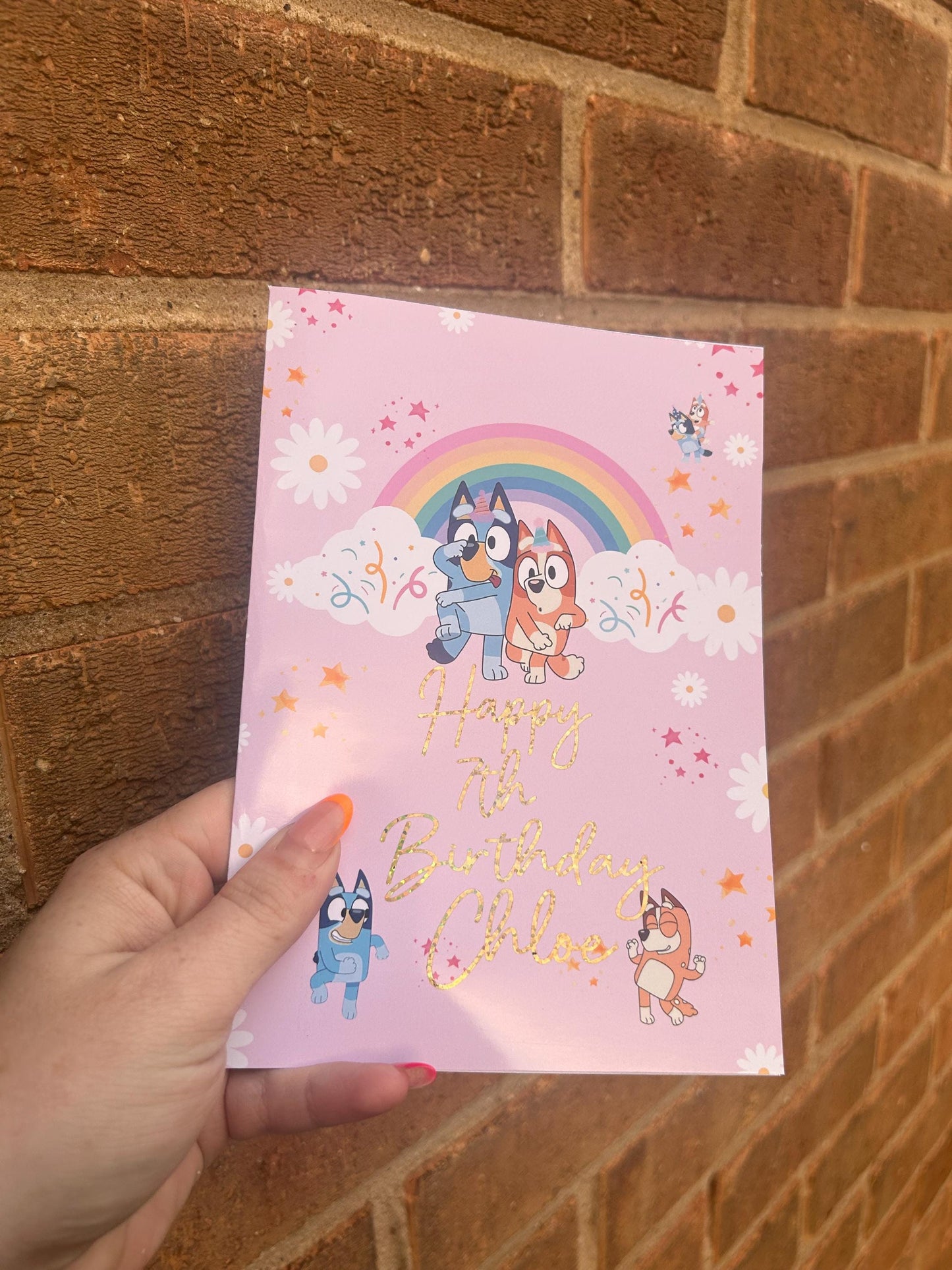 Bluey Birthday Card: Glitter Gold Foil, Handmade Greeting Card