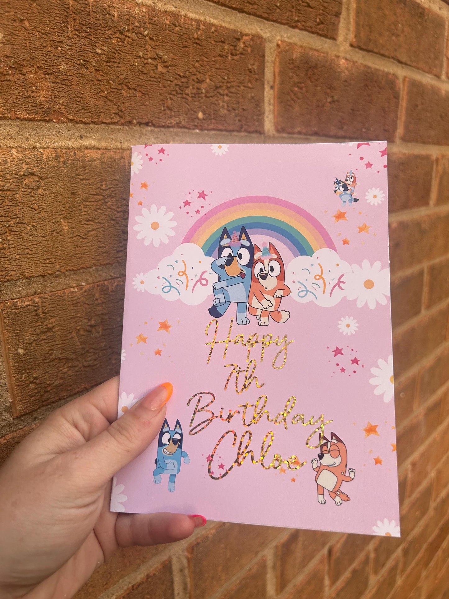 Bluey Birthday Card: Glitter Gold Foil, Handmade Greeting Card