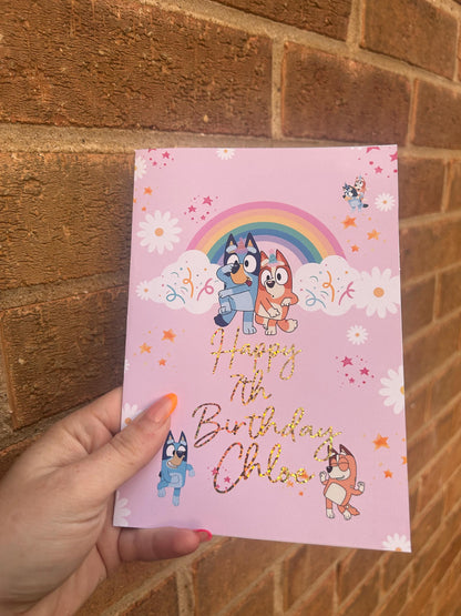 Bluey Birthday Card: Glitter Gold Foil, Handmade Greeting Card