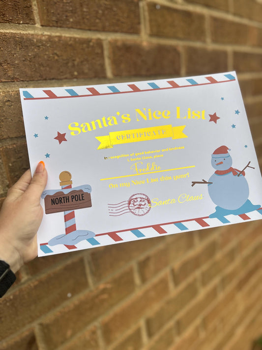 Personalised foiled Santa nice list certificate a4 size