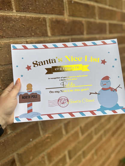 Personalised foiled Santa nice list certificate a4 size