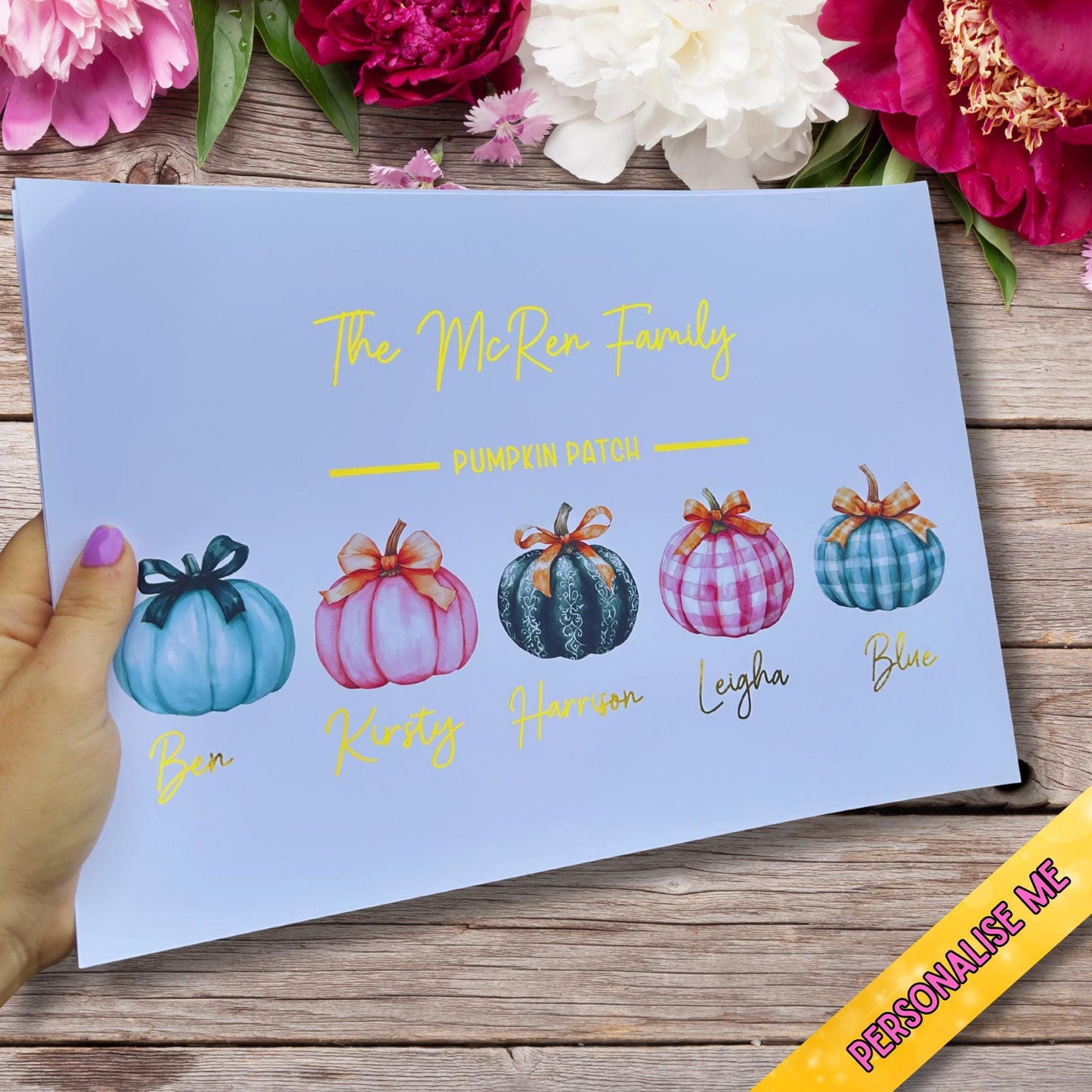 Personalised Gold Foil Pumpkin Family Print | A4 Autumn Wall Art | Custom Family Names Print