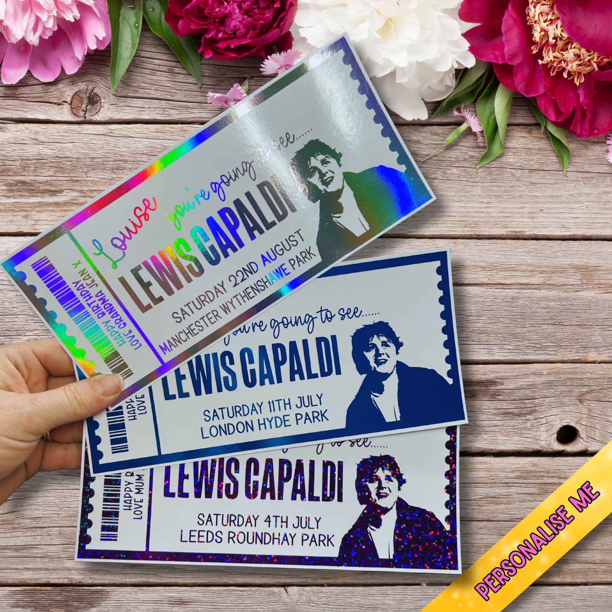 Personalised concert-style ticket printed on 300gsm foiled card for birthday gift