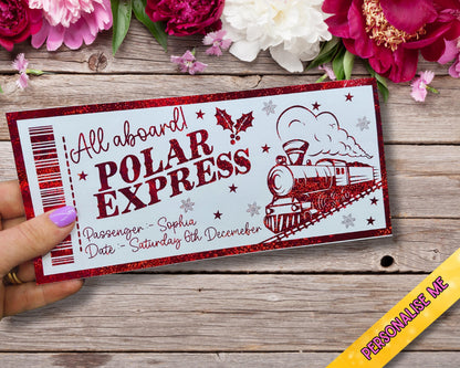 Personalised Polar Express Gift Ticket | Foiled Christmas Ticket | Gold Red or Rainbow Glitter Foil | 20x9cm Kids Keepsake
