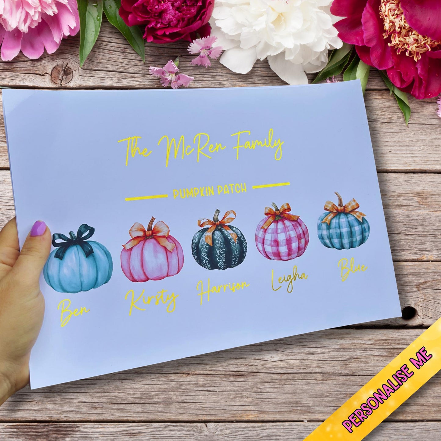 Personalised Gold Foil Pumpkin Family Print | A4 Autumn Wall Art | Custom Family Names Print