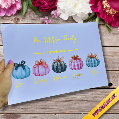 Personalised Gold Foil Pumpkin Family Print | A4 Autumn Wall Art | Custom Family Names Print