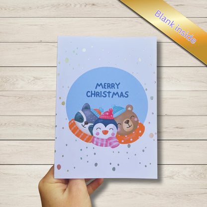 Cute Animal Snow globe Christmas Card — Silver Holographic Foil personalisation — 5x7" with Envelope