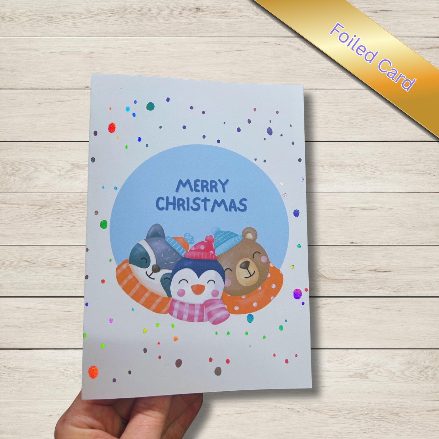 Cute Animal Snow globe Christmas Card — Silver Holographic Foil personalisation — 5x7" with Envelope