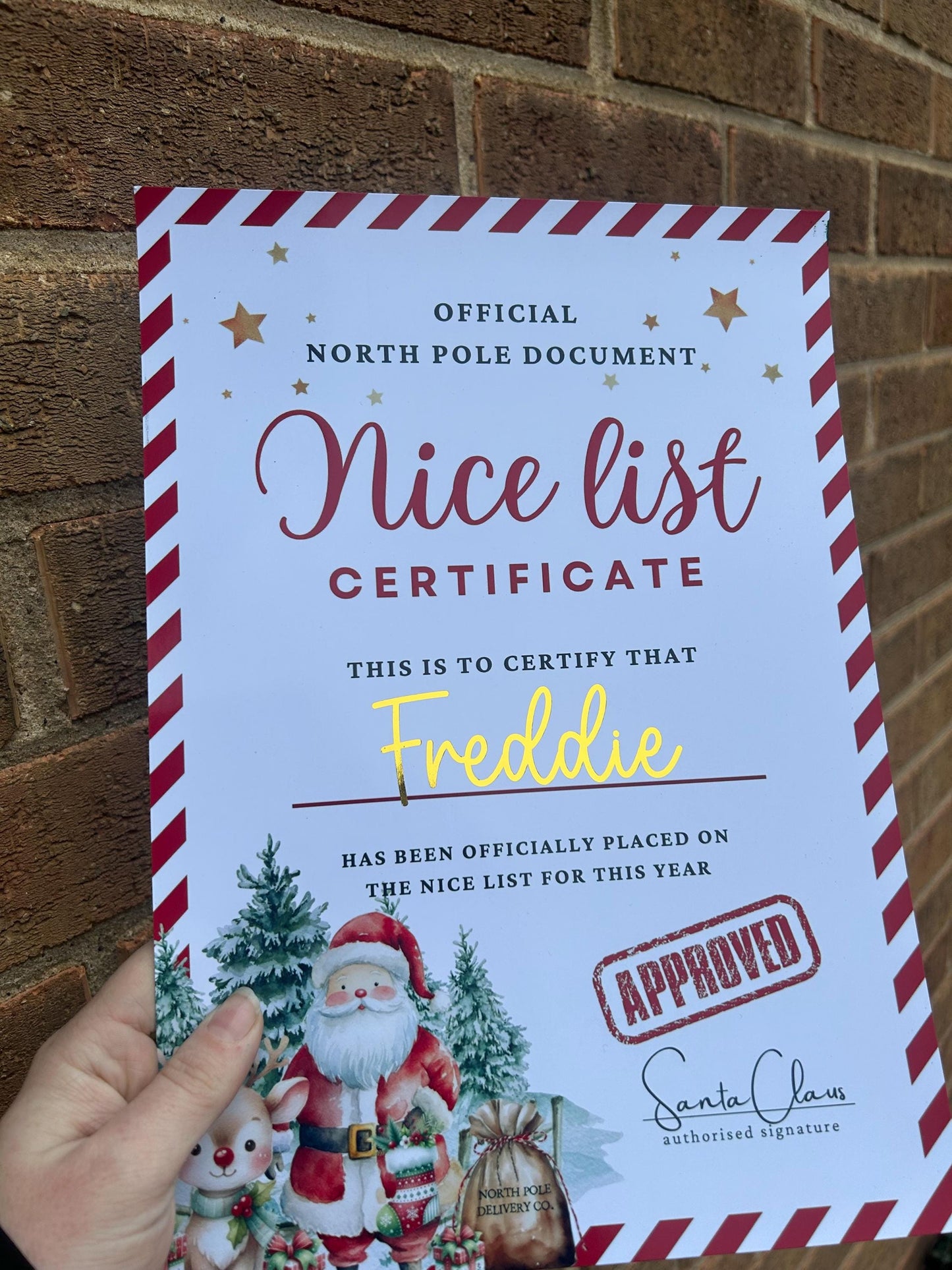 Personalised Santa’s Nice List Certificate | A4 Gold Foil Christmas Print | Custom Name Keepsake