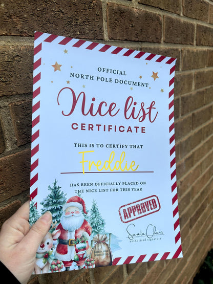 Personalised Santa’s Nice List Certificate | A4 Gold Foil Christmas Print | Custom Name Keepsake