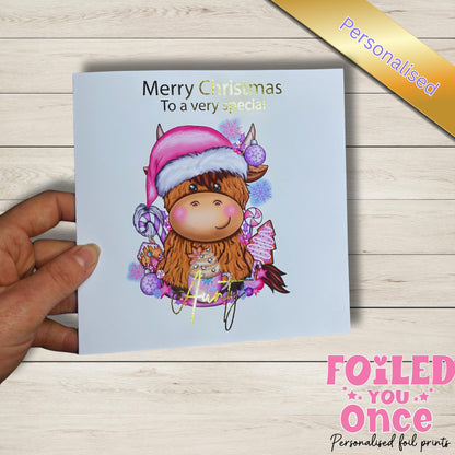 Personalised Highland Cow Christmas Card – Cute Gold Foil Holiday Greeting – Animal Lover Keepsake Card | luxury  gold foil personalisation