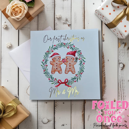Mr and Mr / Mrs and Mrs Christmas Card — Watercolour Gingerbread Wreath with luxury gold foil — 6x6 Holiday Card