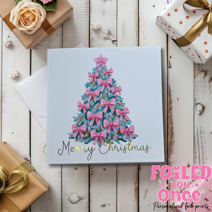 Merry Christmas Card Gold Foil | Pink Bow Christmas Tree 6x6 in | Holiday Greeting Card luxury  gold foil personalisation