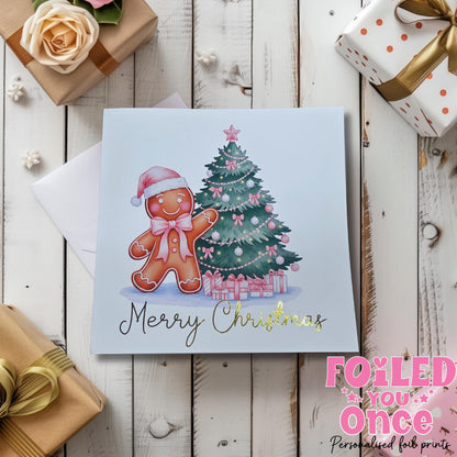 Merry Christmas Card Gold Foil | Gingerbread Christmas Tree 6x6 in | Holiday Greeting Card | luxury gold foil personalisation