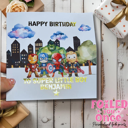 Personalised Superhero Birthday Card | Kids Birthday | luxury gold foil personalisation