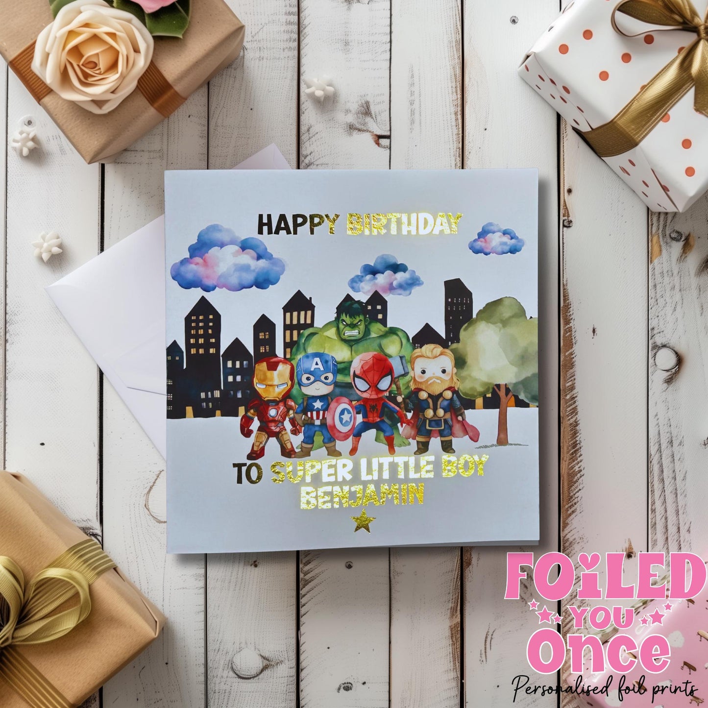Personalised Superhero Birthday Card | Kids Birthday | luxury gold foil personalisation