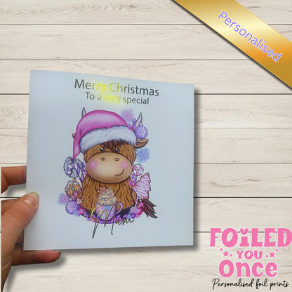 Personalised Highland Cow Christmas Card – Cute Gold Foil Holiday Greeting – Animal Lover Keepsake Card | luxury  gold foil personalisation