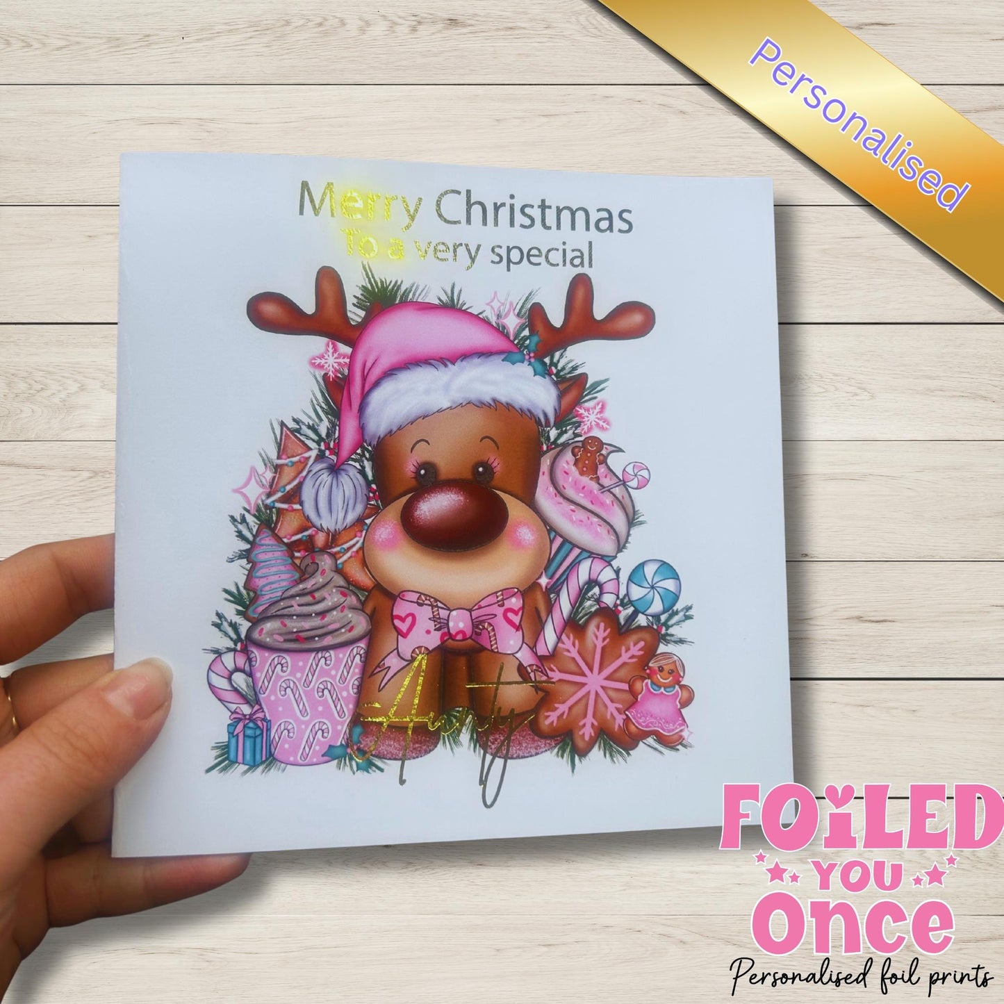Cute Personalised Reindeer Christmas Card –  Perfect for Aunty, Mum, Granddaughter Reindeer lover | luxury  gold foil personalisation