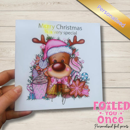 Cute Personalised Reindeer Christmas Card –  Perfect for Aunty, Mum, Granddaughter Reindeer lover | luxury  gold foil personalisation