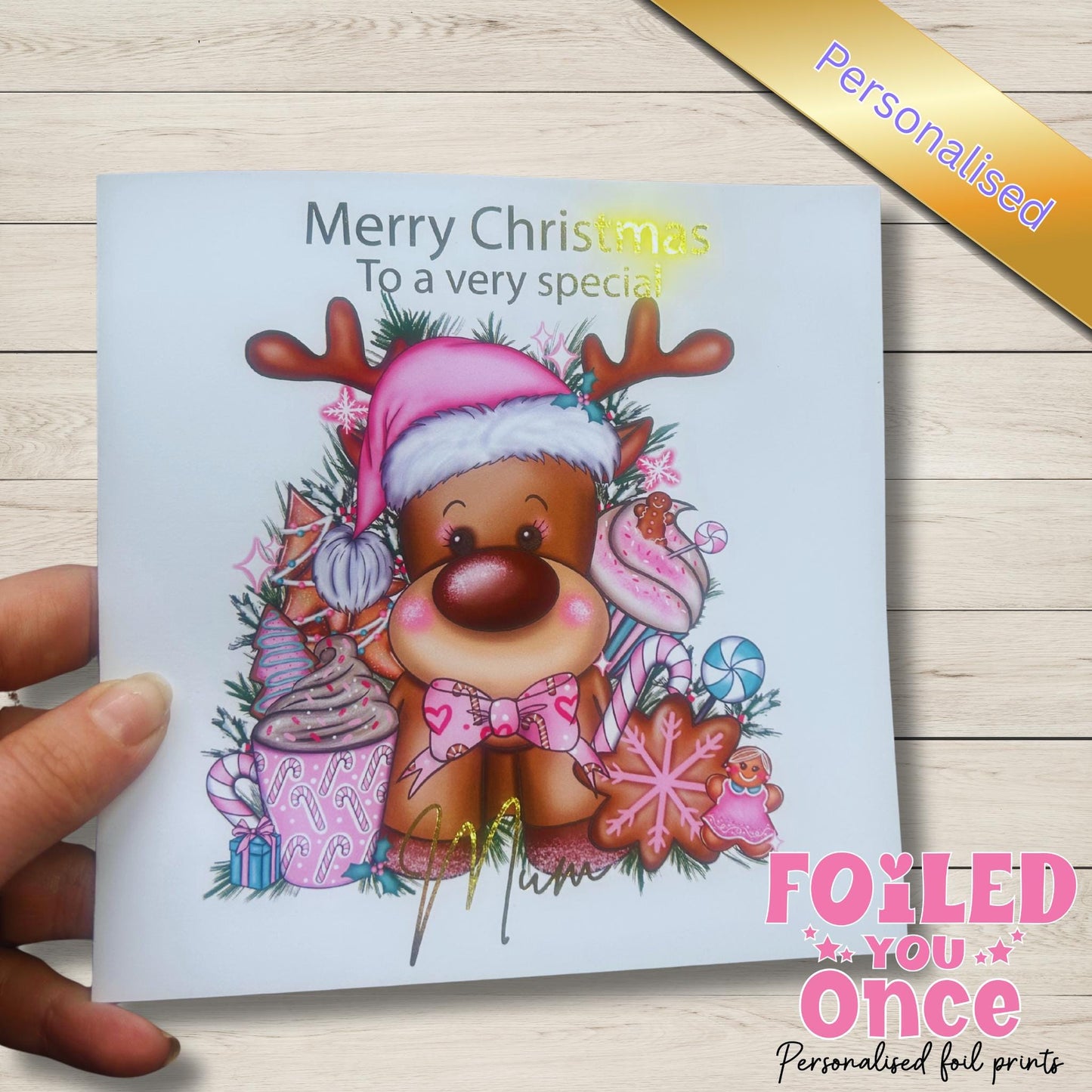 Cute Personalised Reindeer Christmas Card –  Perfect for Aunty, Mum, Granddaughter Reindeer lover | luxury  gold foil personalisation