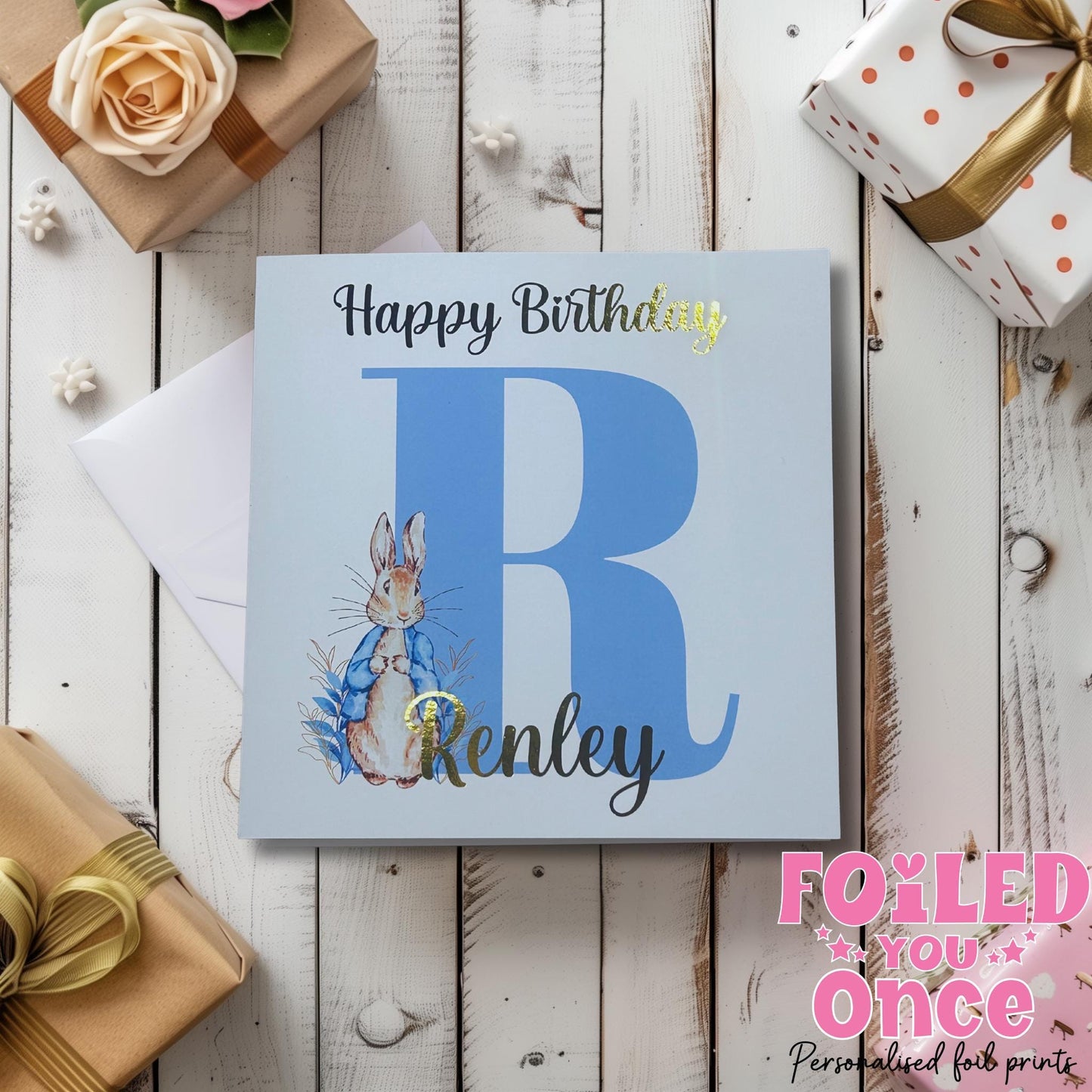 Peter Rabbit Birthday Card |Any Letter | Peter Rabbit, Flopsy Bunny | luxury gold foil personalisation