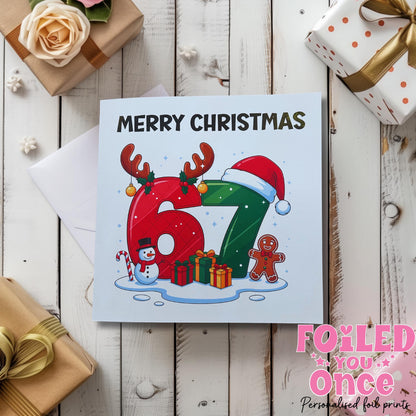 six seven 6 7 Christmas Card – 6x6" – Gold Foil “Merry Christmas” 67 meme trend | luxury  gold foil personalisation