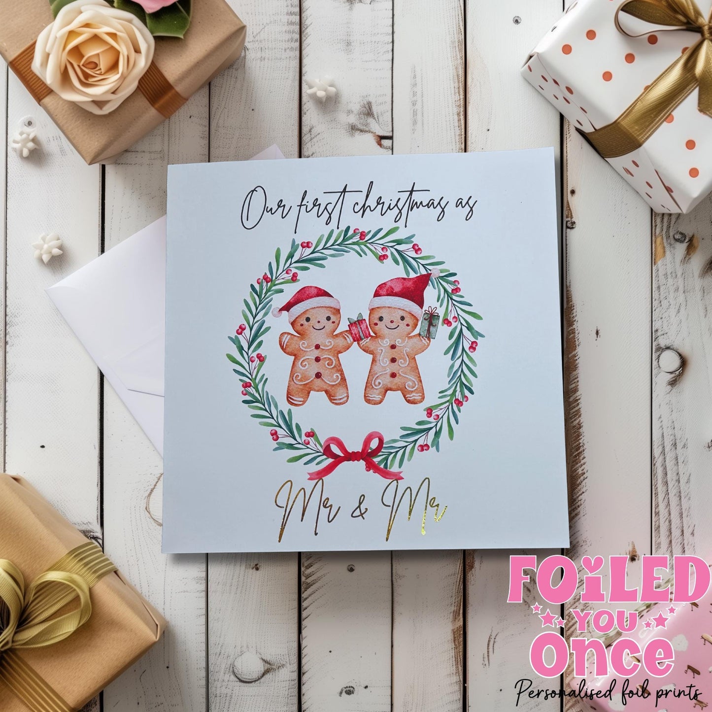 Mr and Mr / Mrs and Mrs Christmas Card — Watercolour Gingerbread Wreath with luxury gold foil — 6x6 Holiday Card