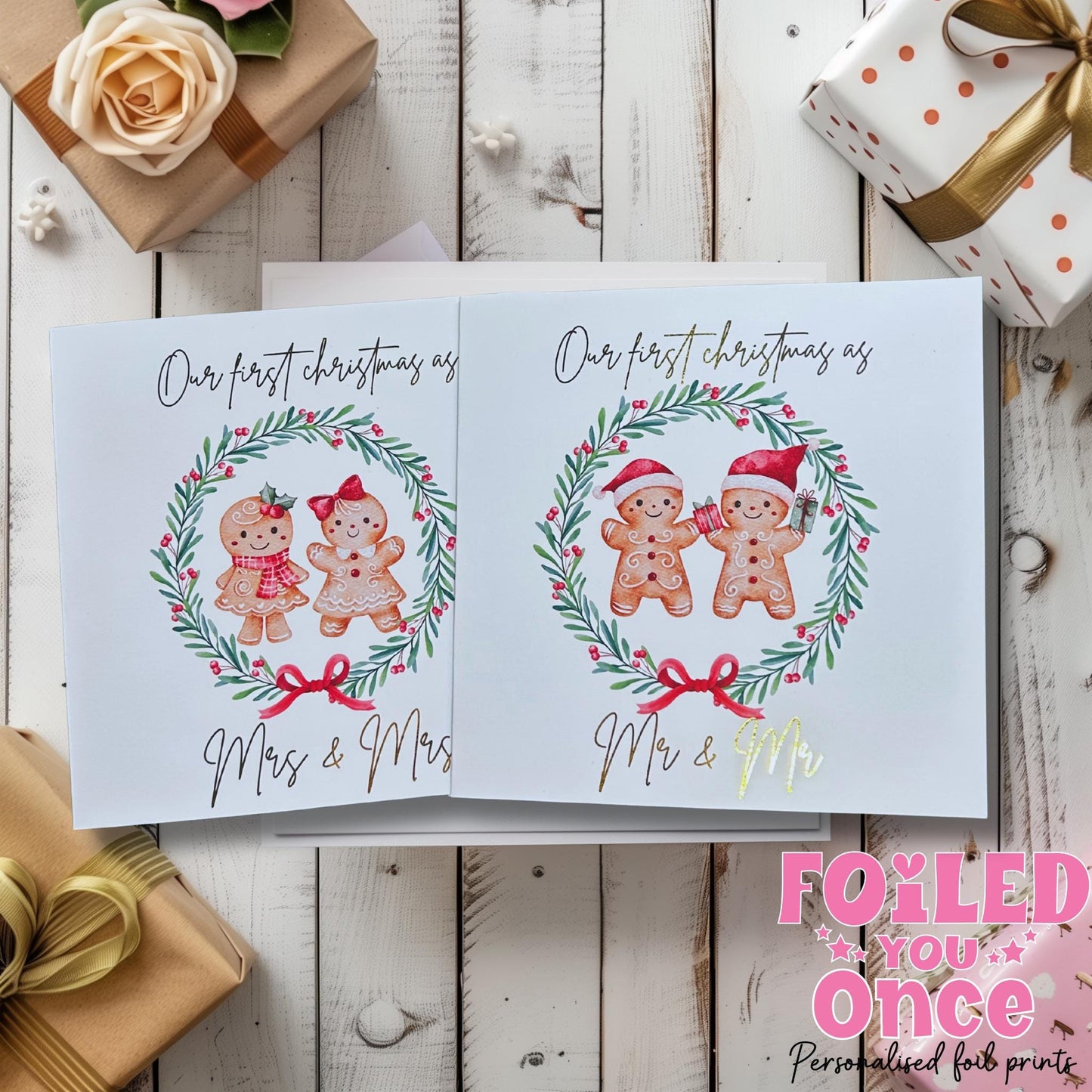 Mr and Mr / Mrs and Mrs Christmas Card — Watercolour Gingerbread Wreath with luxury gold foil — 6x6 Holiday Card