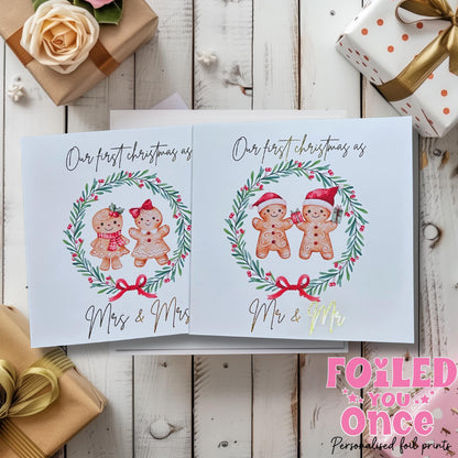 Mr and Mr / Mrs and Mrs Christmas Card — Watercolour Gingerbread Wreath with luxury gold foil — 6x6 Holiday Card
