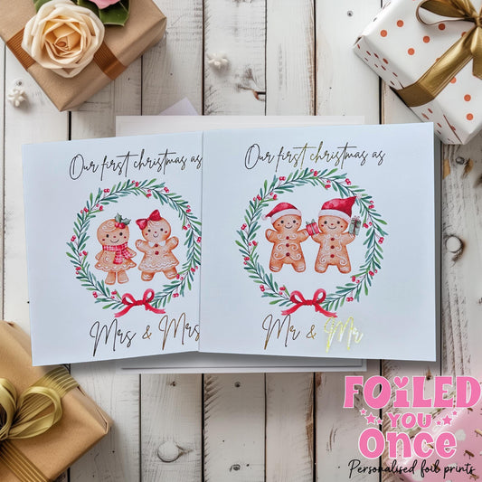 Mr and Mr / Mrs and Mrs Christmas Card — Watercolour Gingerbread Wreath with luxury gold foil — 6x6 Holiday Card