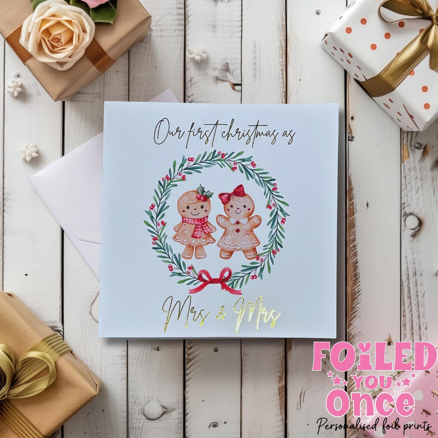 Mr and Mr / Mrs and Mrs Christmas Card — Watercolour Gingerbread Wreath with luxury gold foil — 6x6 Holiday Card