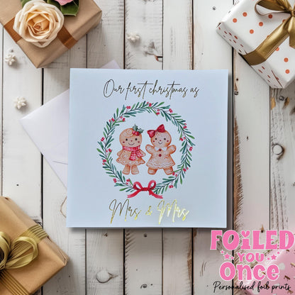 Mr and Mr / Mrs and Mrs Christmas Card — Watercolour Gingerbread Wreath with luxury gold foil — 6x6 Holiday Card