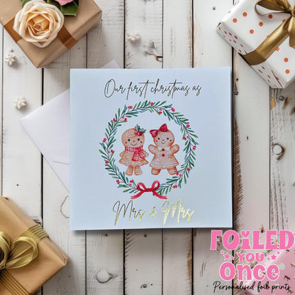 Mr and Mr / Mrs and Mrs Christmas Card — Watercolour Gingerbread Wreath with luxury gold foil — 6x6 Holiday Card