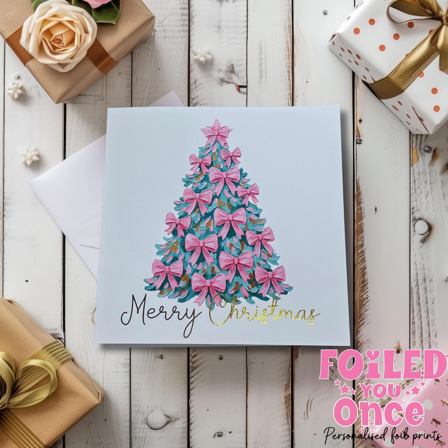 Merry Christmas Card Gold Foil | Pink Bow Christmas Tree 6x6 in | Holiday Greeting Card luxury  gold foil personalisation