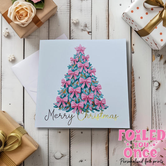 Merry Christmas Card Gold Foil | Pink Bow Christmas Tree 6x6 in | Holiday Greeting Card luxury  gold foil personalisation