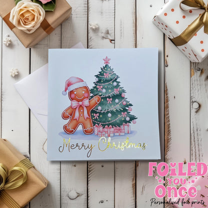 Merry Christmas Card Gold Foil | Gingerbread Christmas Tree 6x6 in | Holiday Greeting Card | luxury gold foil personalisation