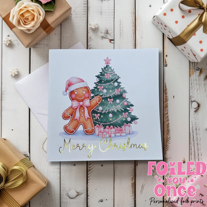 Merry Christmas Card Gold Foil | Gingerbread Christmas Tree 6x6 in | Holiday Greeting Card | luxury gold foil personalisation
