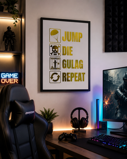 Call of Duty Inspired A4 Gold Foiled Print – Jump Die Gulag Repeat Gaming Wall Art