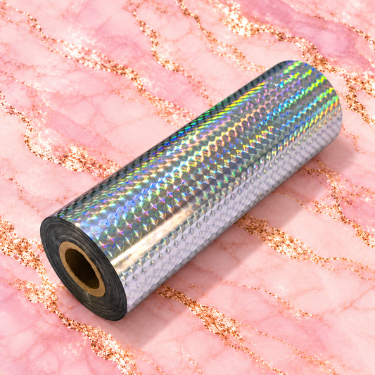 Magic Mirror silver square holographic toner reactive foil roll on blush pink marble