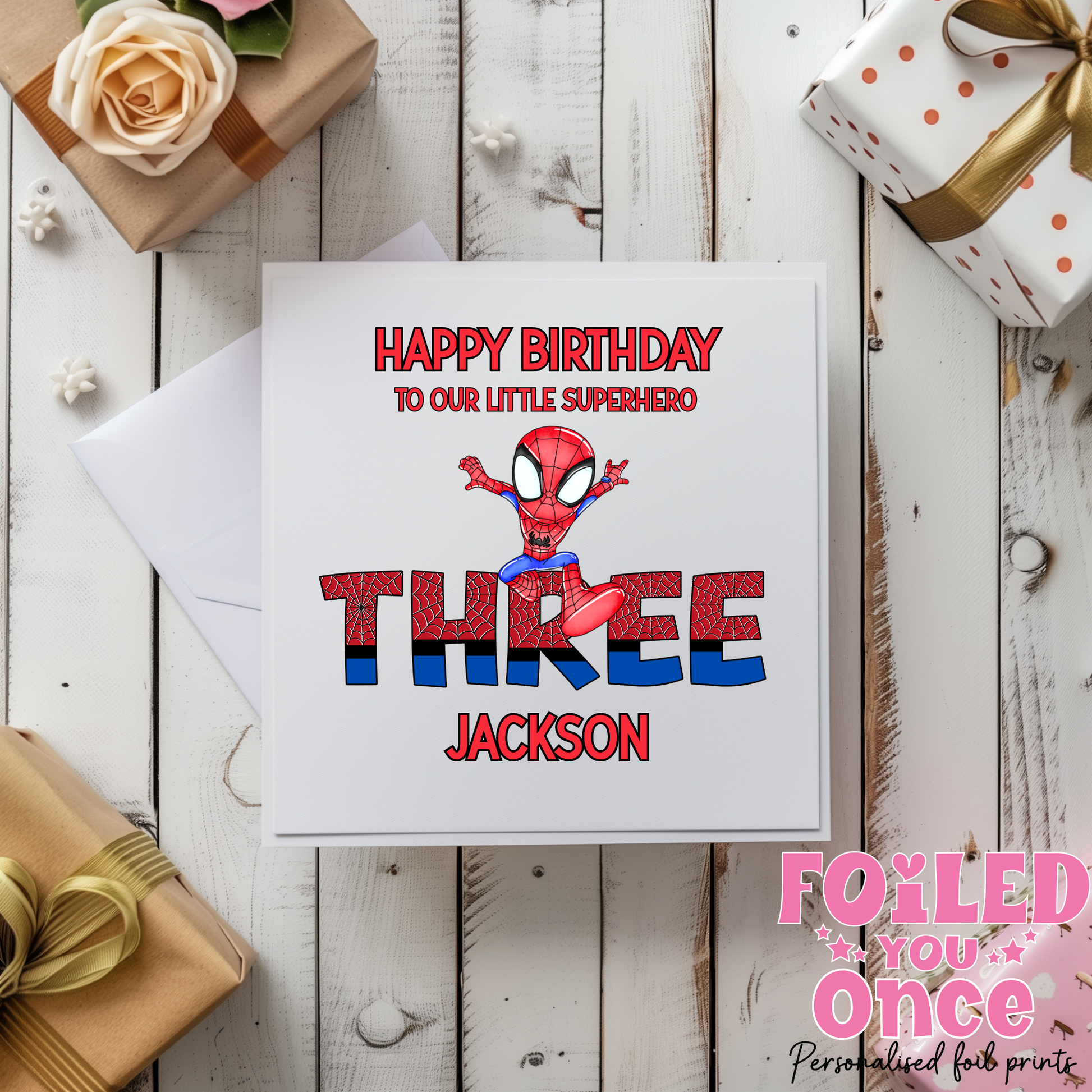 Personalised superhero birthday card with custom name on a 6x6 square card for boys