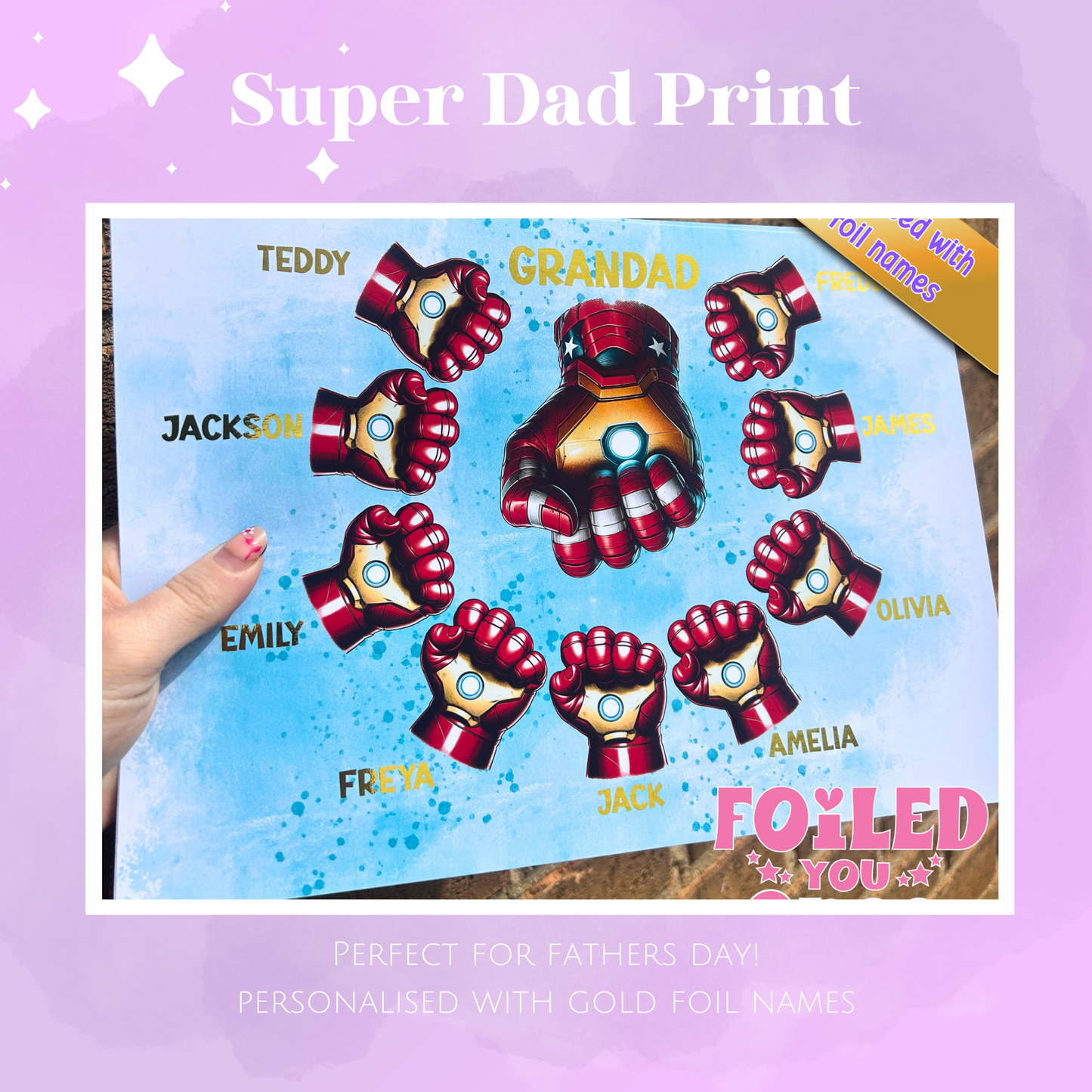 Personalised Superhero Dad Fist Bump A4 Print – Gold Foil Family Wall Art Gift for Dad