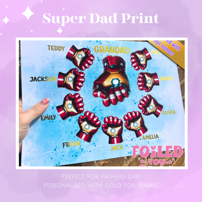 Personalised Superhero Dad Fist Bump A4 Print – Gold Foil Family Wall Art Gift for Dad