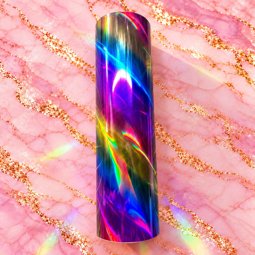 Wishing Star rainbow laser foil roll showing dark oil-slick tones and diagonal rainbow reflections on pink marble