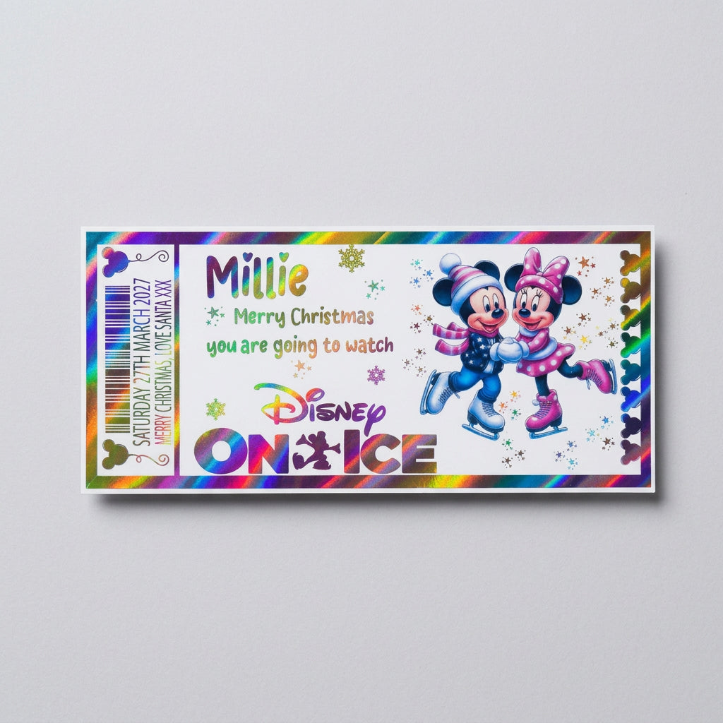 Finished personalised ticket showing Wishing Star rainbow laser foil with oil-slick reflections